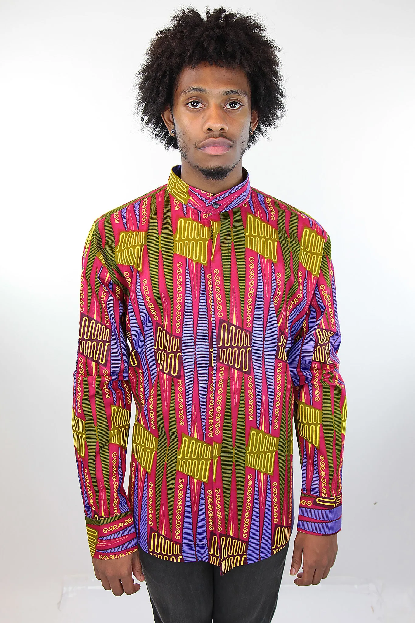 African Print Mens Shirt Button-Up Geometric Shirt Pink and Green