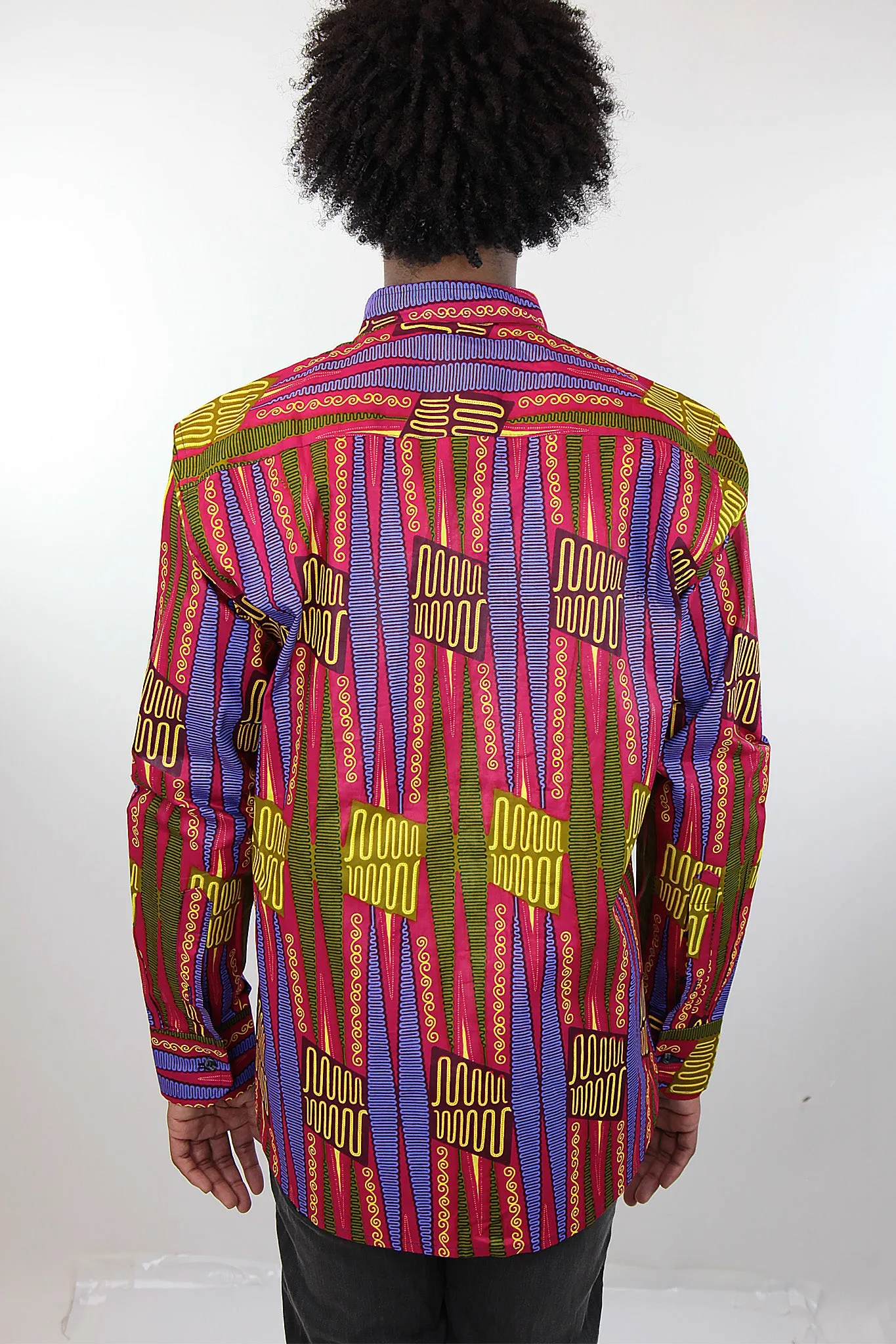 African Print Mens Shirt Button-Up Geometric Shirt Pink and Green