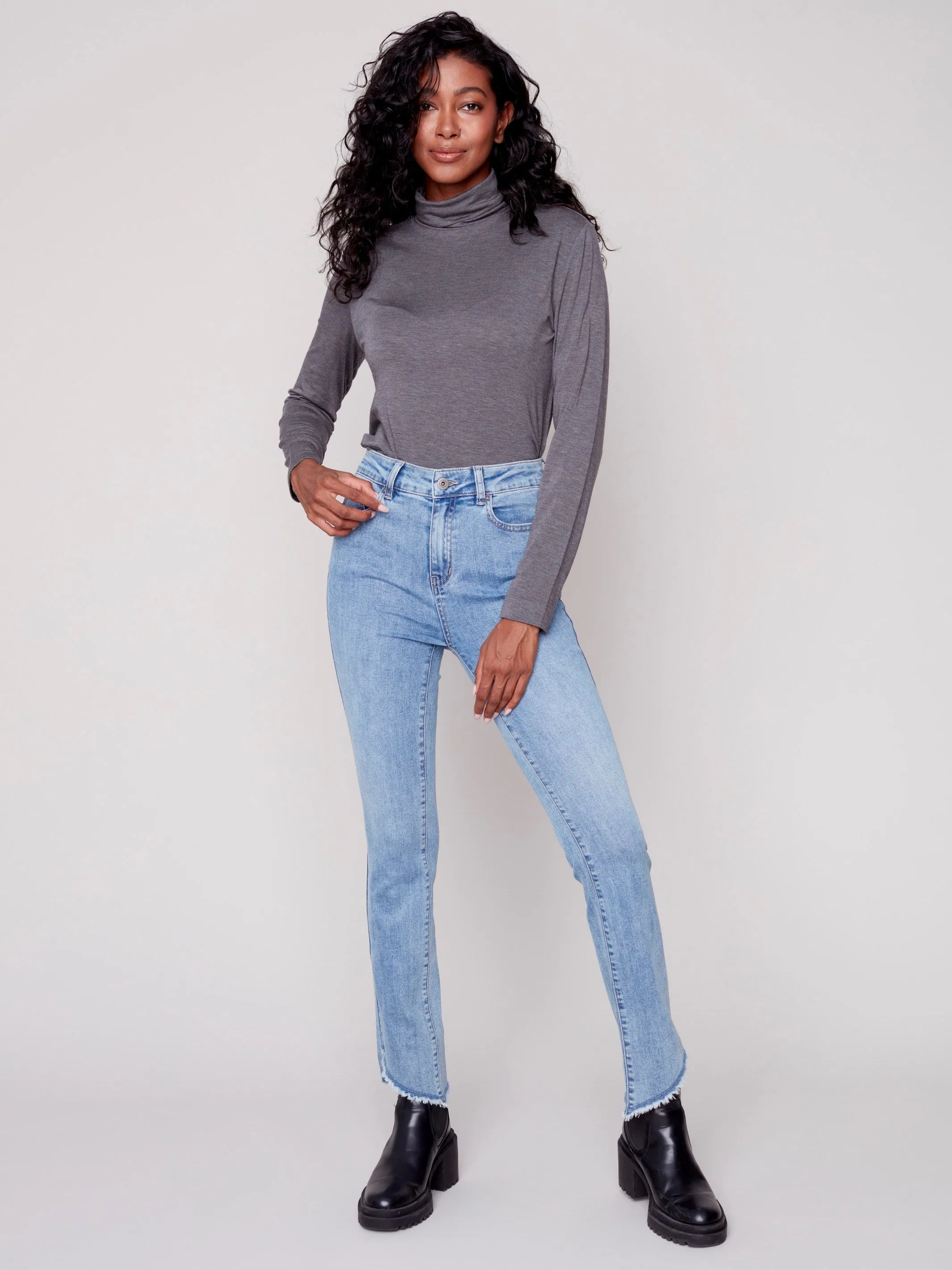 Bootcut Jeans with Asymmetrical Fringed Hem - Light Blue