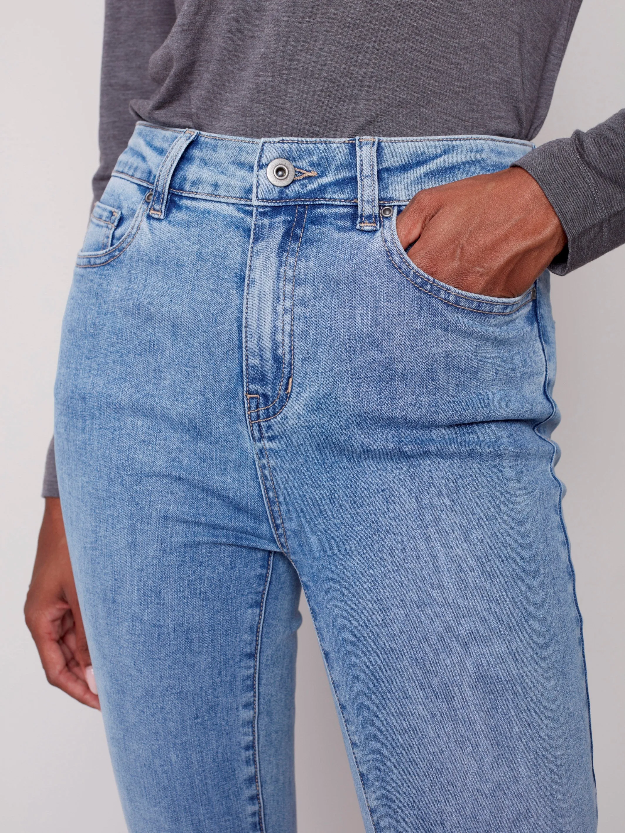 Bootcut Jeans with Asymmetrical Fringed Hem - Light Blue