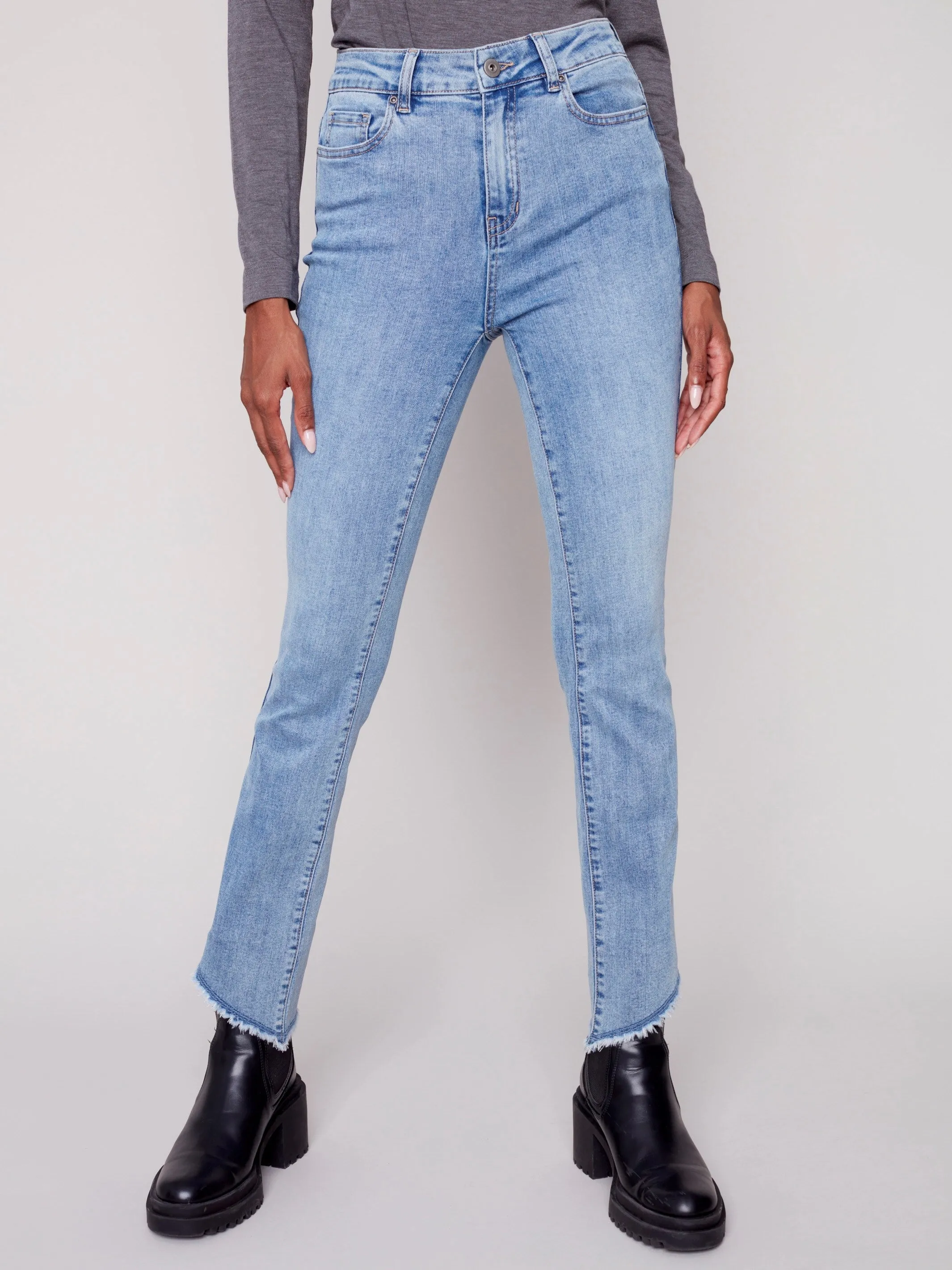 Bootcut Jeans with Asymmetrical Fringed Hem - Light Blue