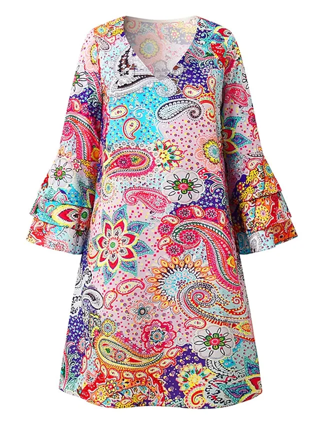 Casual Dress Ethnic Dress Shift Dress Mini Dress Rainbow 3/4 Length Sleeve Leaf Ruffle Summer Spring V Neck Fashion  3XL for Women