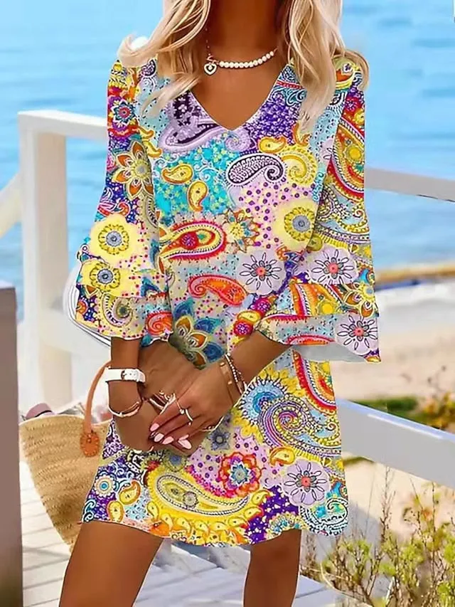 Casual Dress Ethnic Dress Shift Dress Mini Dress Rainbow 3/4 Length Sleeve Leaf Ruffle Summer Spring V Neck Fashion  3XL for Women
