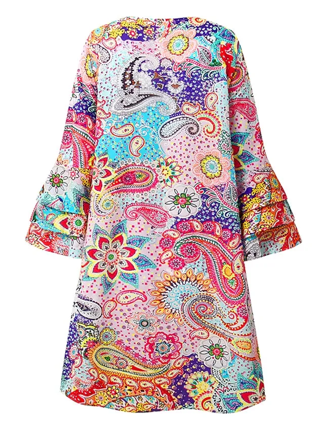 Casual Dress Ethnic Dress Shift Dress Mini Dress Rainbow 3/4 Length Sleeve Leaf Ruffle Summer Spring V Neck Fashion  3XL for Women