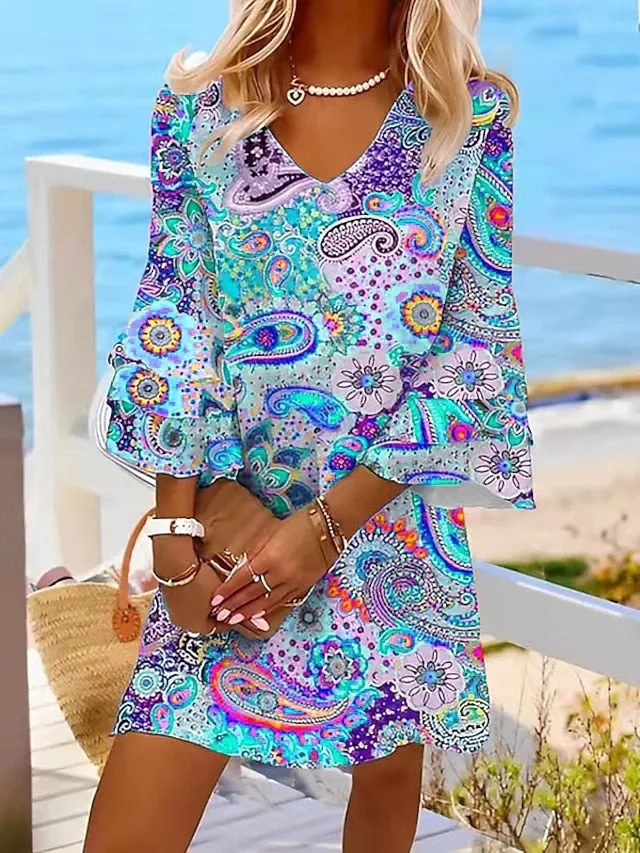 Casual Dress Ethnic Dress Shift Dress Mini Dress Rainbow 3/4 Length Sleeve Leaf Ruffle Summer Spring V Neck Fashion  3XL for Women