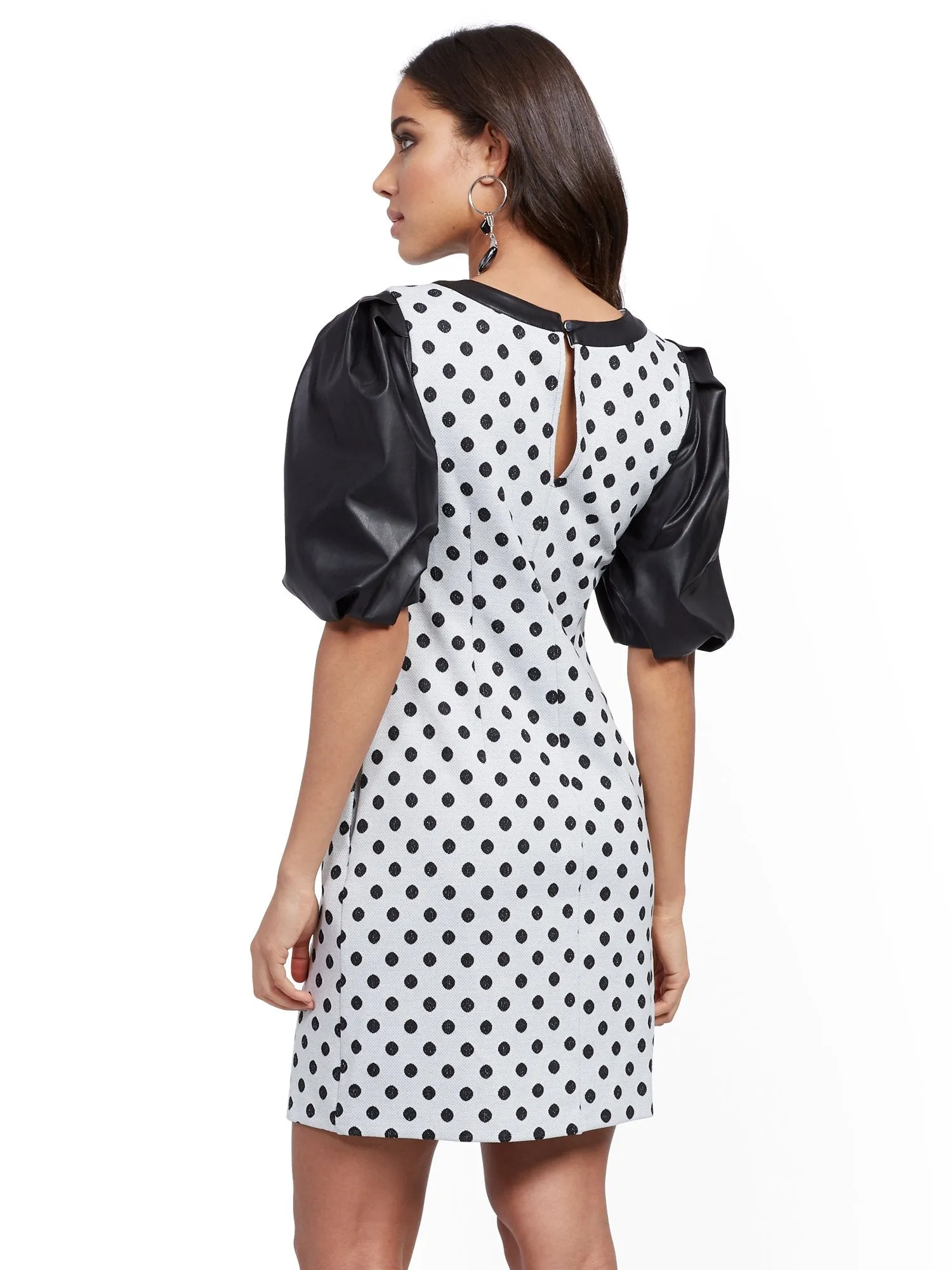 Dot-Print Faux Leather-Sleeve Shift Dress