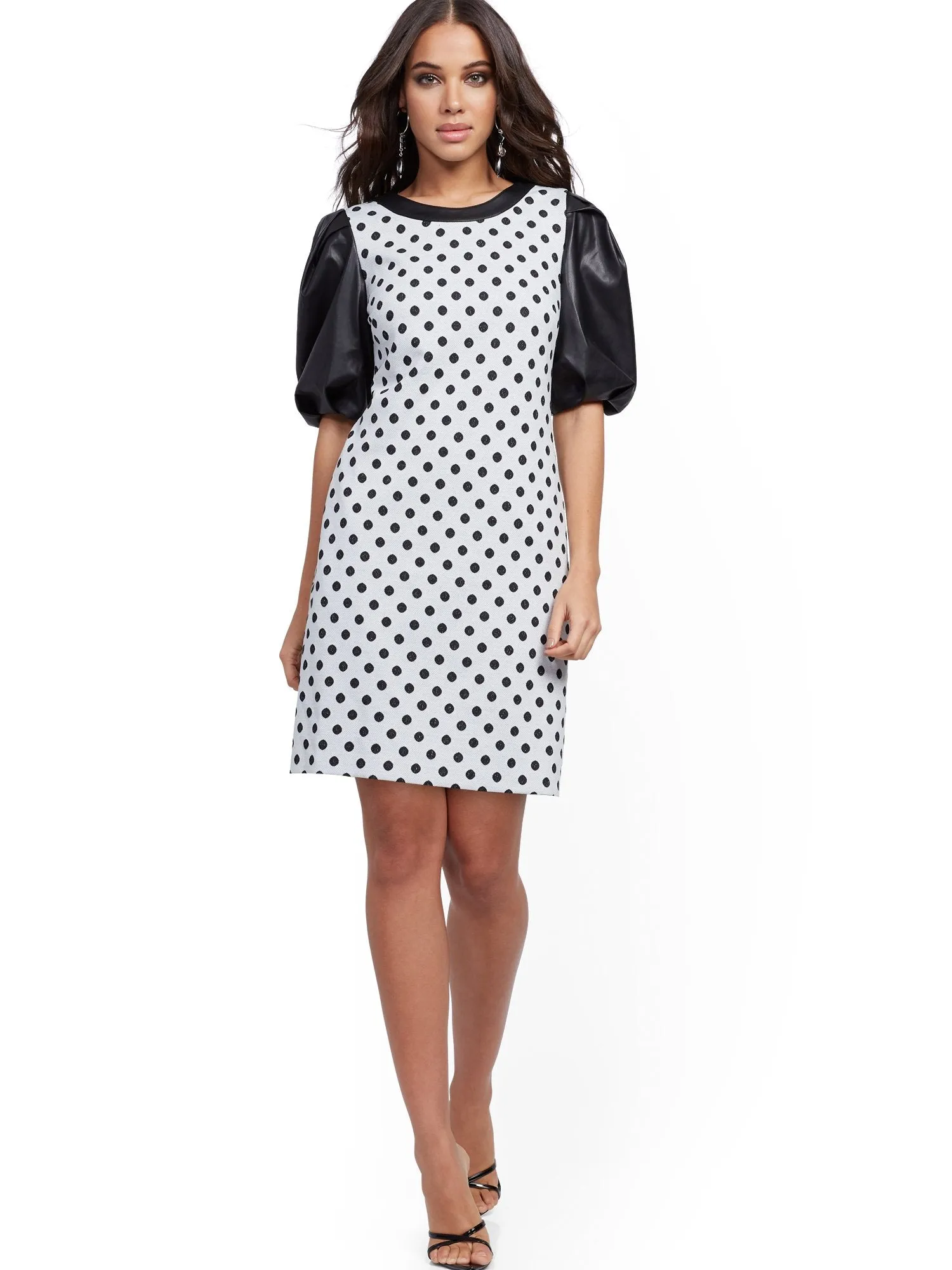 Dot-Print Faux Leather-Sleeve Shift Dress