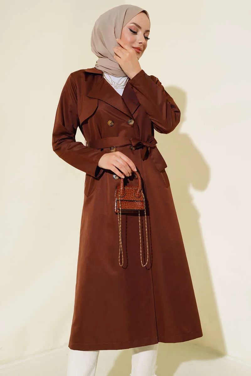 Eight-Button Belted Trench Coat Brown