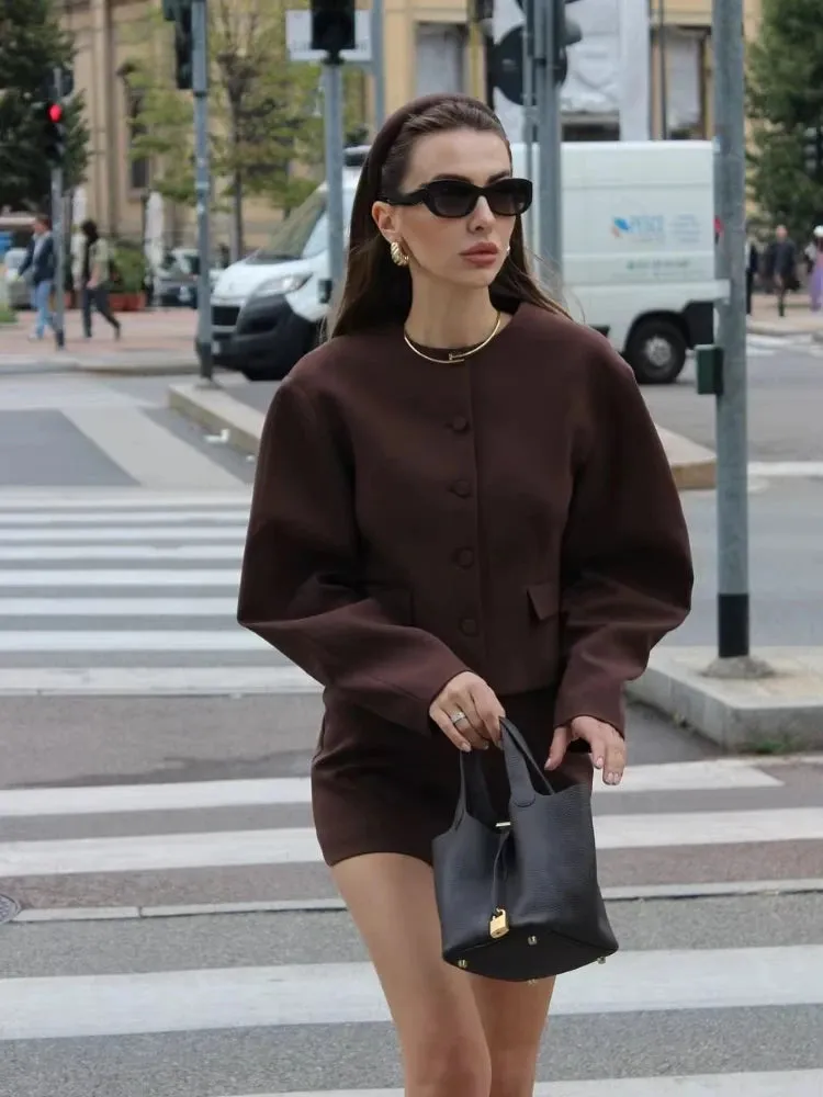 Elegant Brown Blazer jacket and Mini Skirt Set
