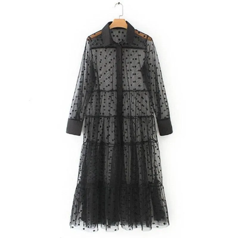 FashionSierra - See Through Polka Dot Lace Long Blouses Shirts Women Beach Dress Cover Up Turn Down Collar Transparent Party Shirts