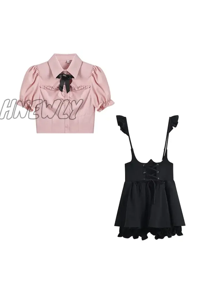 Hnewly Summer Kawaii Sweet Two Piece Set Women Korean Style Y2k Party Skirts Suit Female Pink Puff Sleeve Blouses＋Suspenders Mini Dress