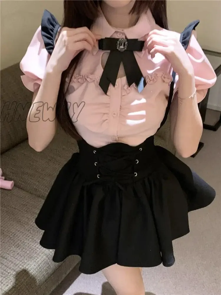 Hnewly Summer Kawaii Sweet Two Piece Set Women Korean Style Y2k Party Skirts Suit Female Pink Puff Sleeve Blouses＋Suspenders Mini Dress