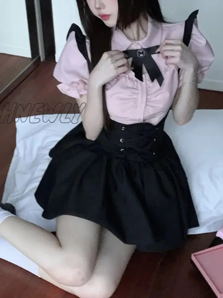 Hnewly Summer Kawaii Sweet Two Piece Set Women Korean Style Y2k Party Skirts Suit Female Pink Puff Sleeve Blouses＋Suspenders Mini Dress