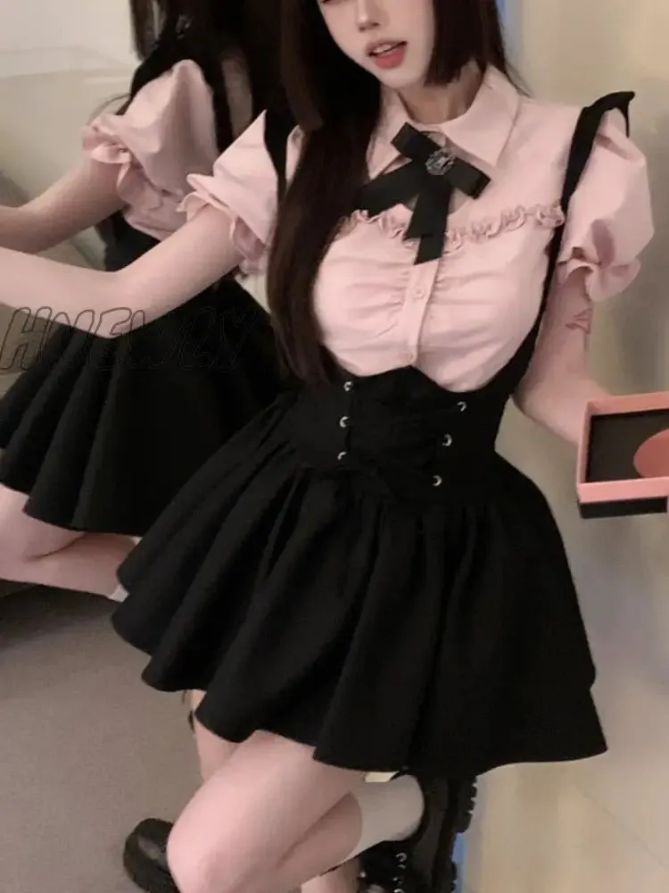 Hnewly Summer Kawaii Sweet Two Piece Set Women Korean Style Y2k Party Skirts Suit Female Pink Puff Sleeve Blouses＋Suspenders Mini Dress