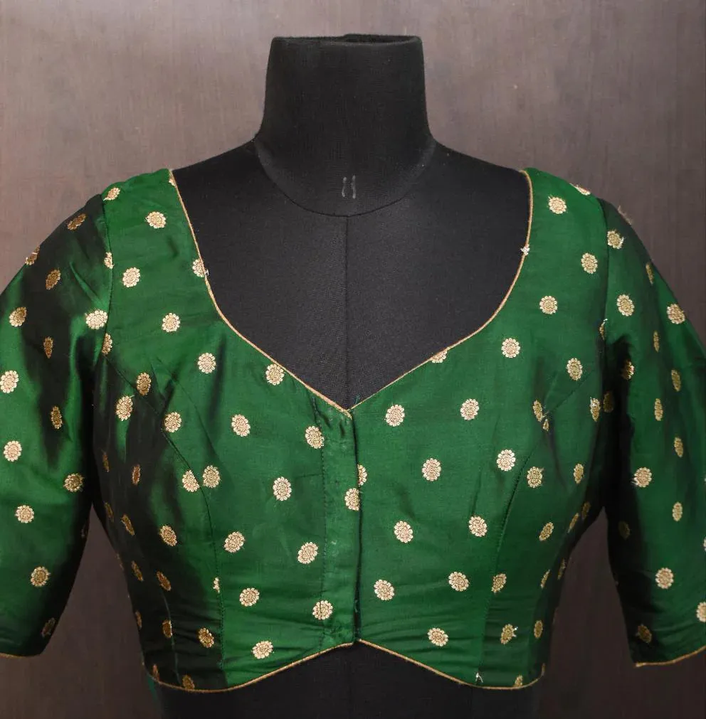 Kanjivaram Pure Silk Blouse in Emerald Green with zari buttas , Mix and match Blouse for saree