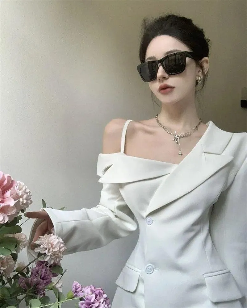 Korean Office Elegance: Off-Shoulder Slim Fit Blazer Dress – High-End A-Line Mini for Women