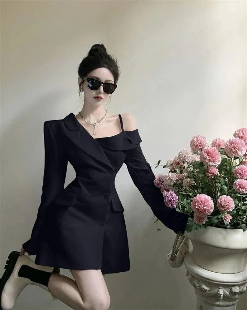 Korean Office Elegance: Off-Shoulder Slim Fit Blazer Dress – High-End A-Line Mini for Women