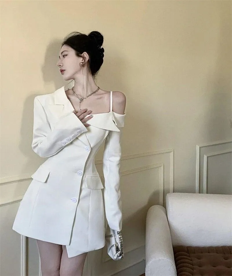 Korean Office Elegance: Off-Shoulder Slim Fit Blazer Dress – High-End A-Line Mini for Women