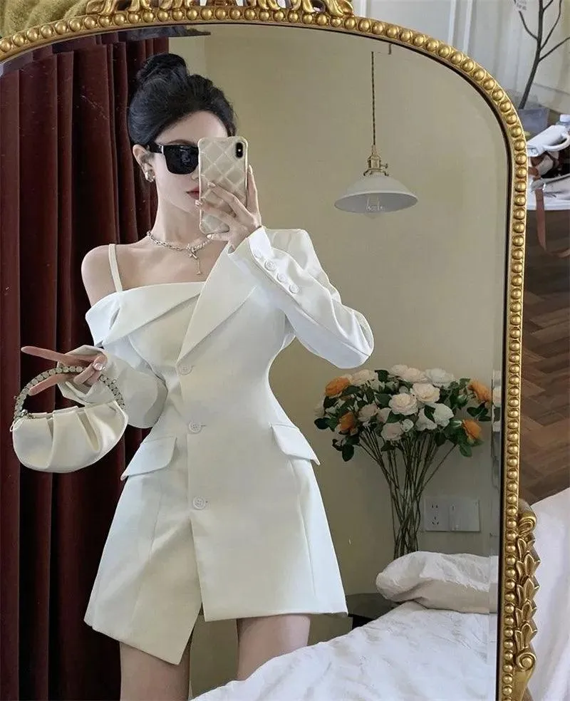 Korean Office Elegance: Off-Shoulder Slim Fit Blazer Dress – High-End A-Line Mini for Women