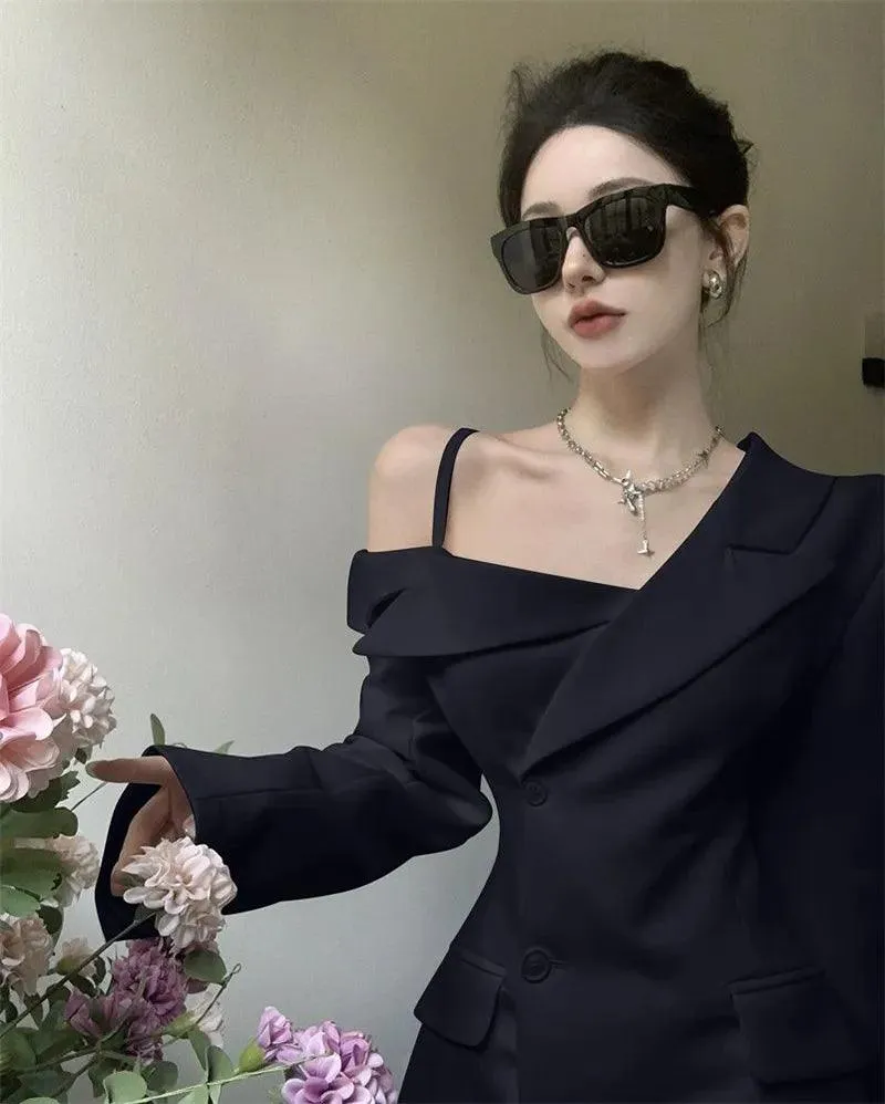 Korean Office Elegance: Off-Shoulder Slim Fit Blazer Dress – High-End A-Line Mini for Women