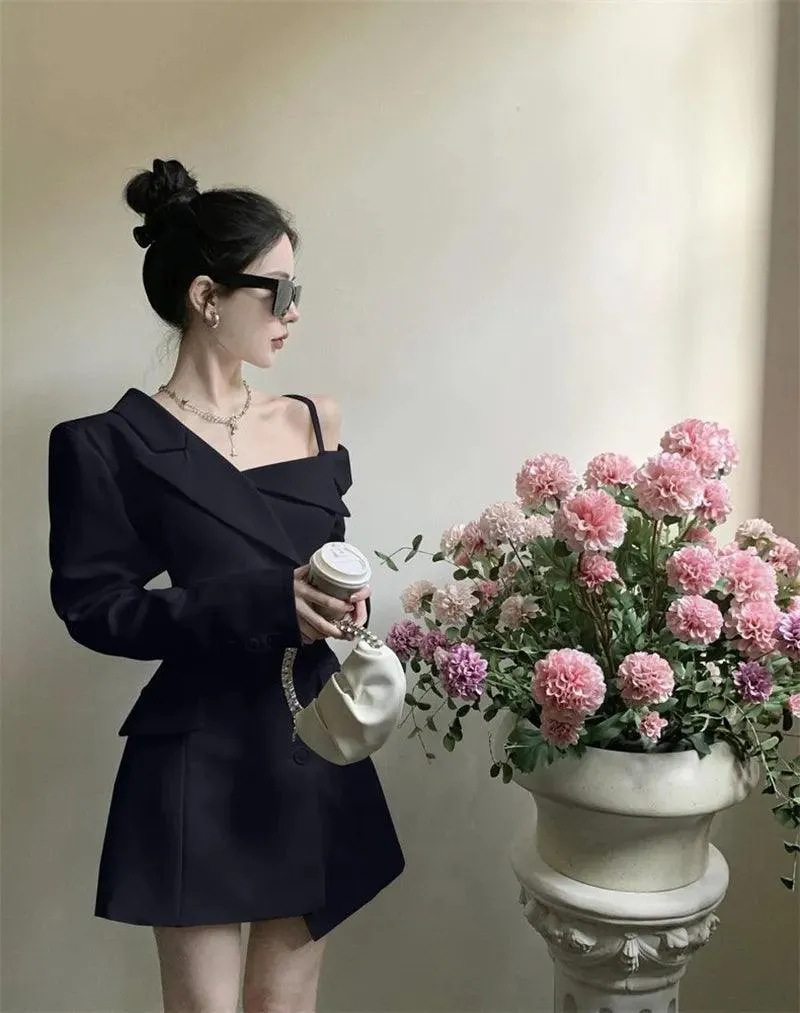 Korean Office Elegance: Off-Shoulder Slim Fit Blazer Dress – High-End A-Line Mini for Women