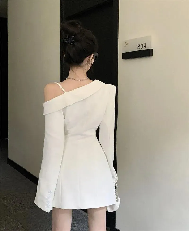 Korean Office Elegance: Off-Shoulder Slim Fit Blazer Dress – High-End A-Line Mini for Women