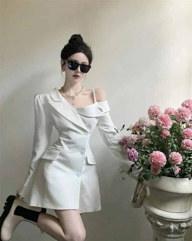 Korean Office Elegance: Off-Shoulder Slim Fit Blazer Dress – High-End A-Line Mini for Women