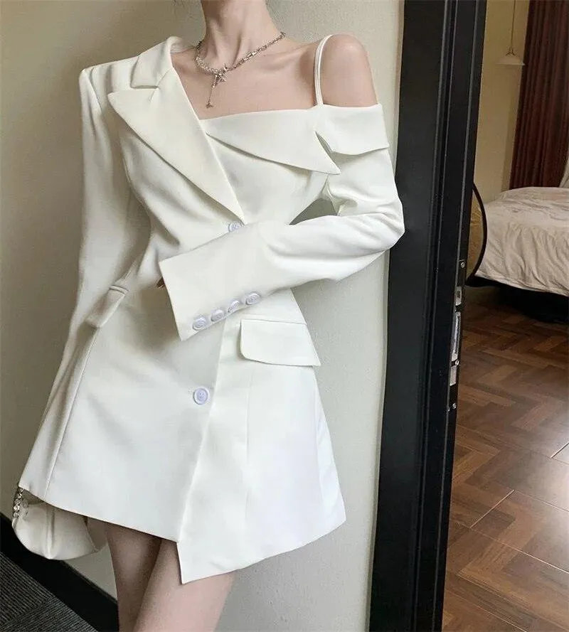 Korean Office Elegance: Off-Shoulder Slim Fit Blazer Dress – High-End A-Line Mini for Women