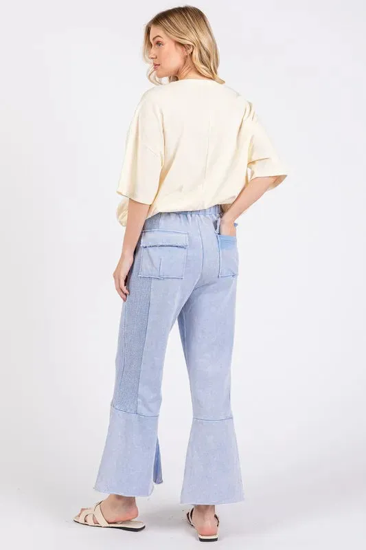 Light Blue Vintage Washed Waffle-Knit Flared Panel Pants