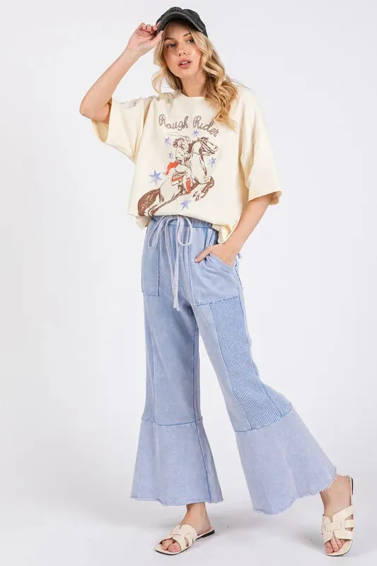 Light Blue Vintage Washed Waffle-Knit Flared Panel Pants