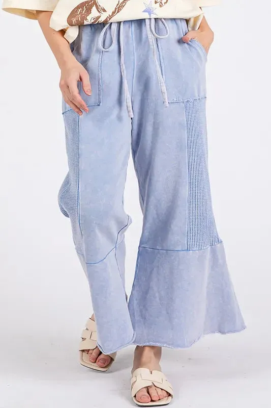 Light Blue Vintage Washed Waffle-Knit Flared Panel Pants
