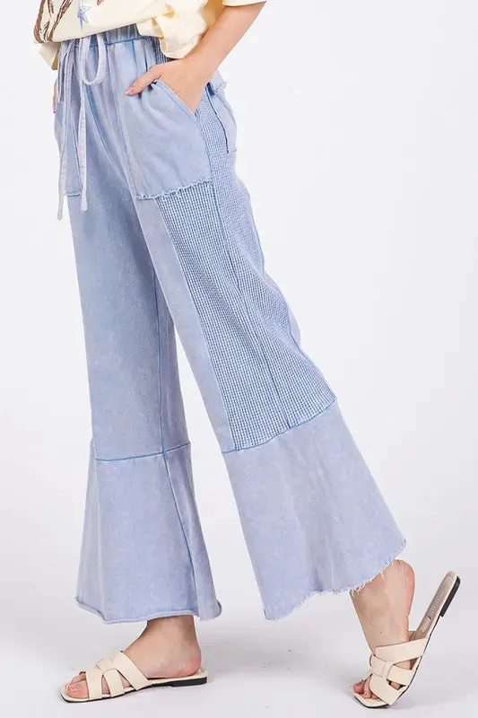 Light Blue Vintage Washed Waffle-Knit Flared Panel Pants
