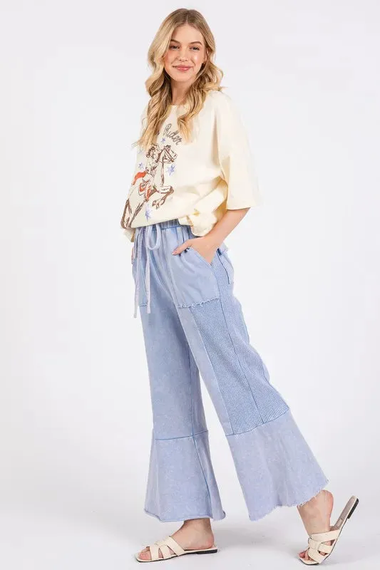 Light Blue Vintage Washed Waffle-Knit Flared Panel Pants