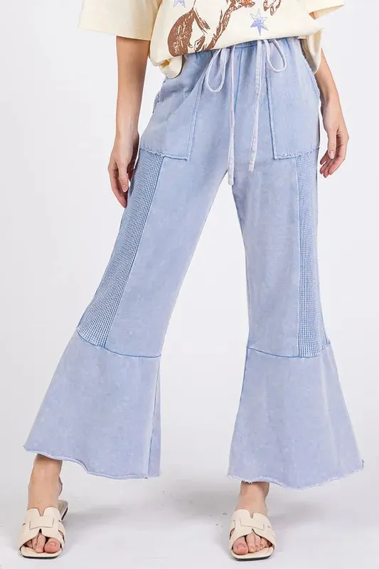 Light Blue Vintage Washed Waffle-Knit Flared Panel Pants