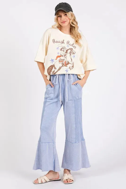 Light Blue Vintage Washed Waffle-Knit Flared Panel Pants