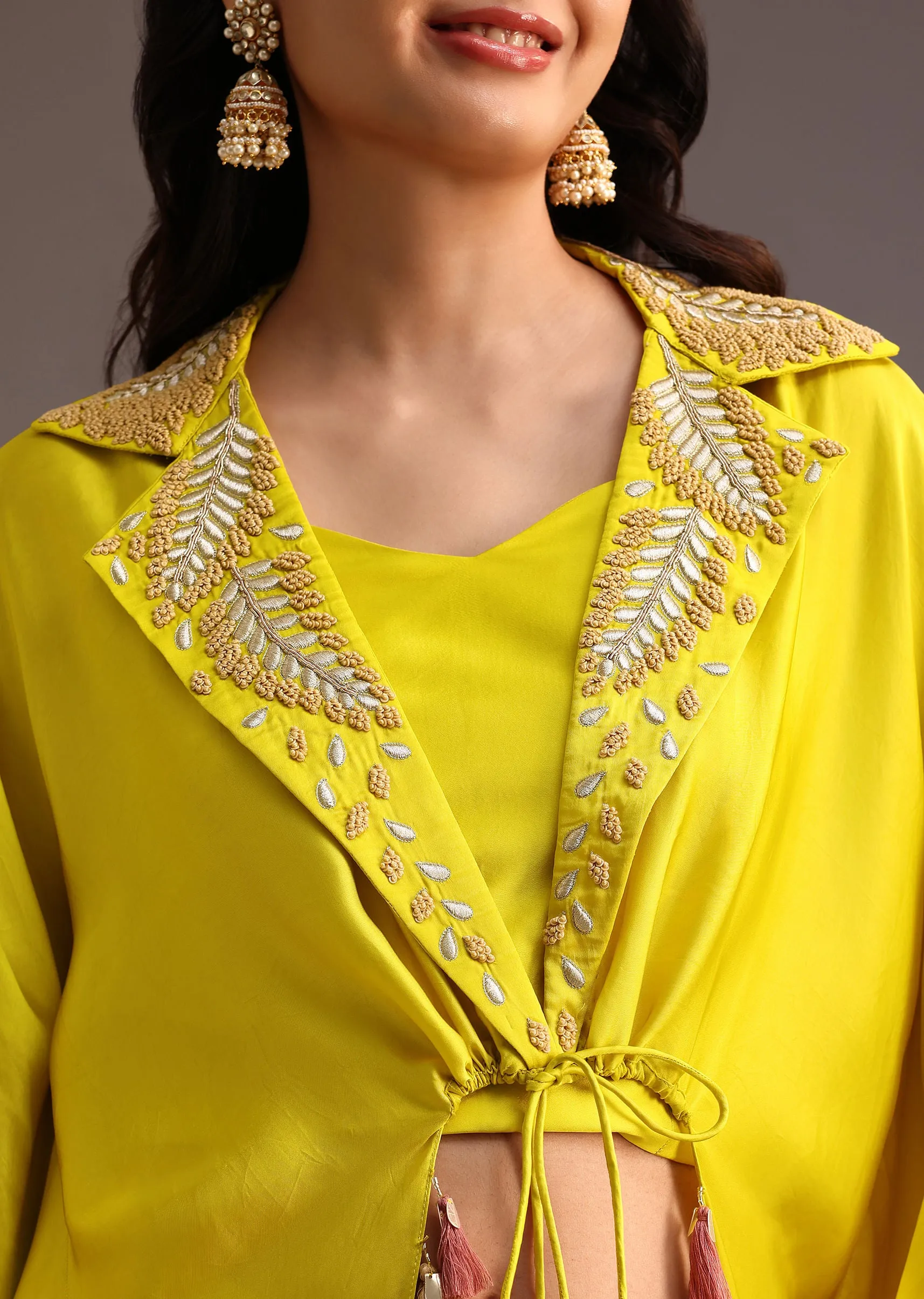 Lime Green Resham Work Palazzo Croptop Set With Jacket