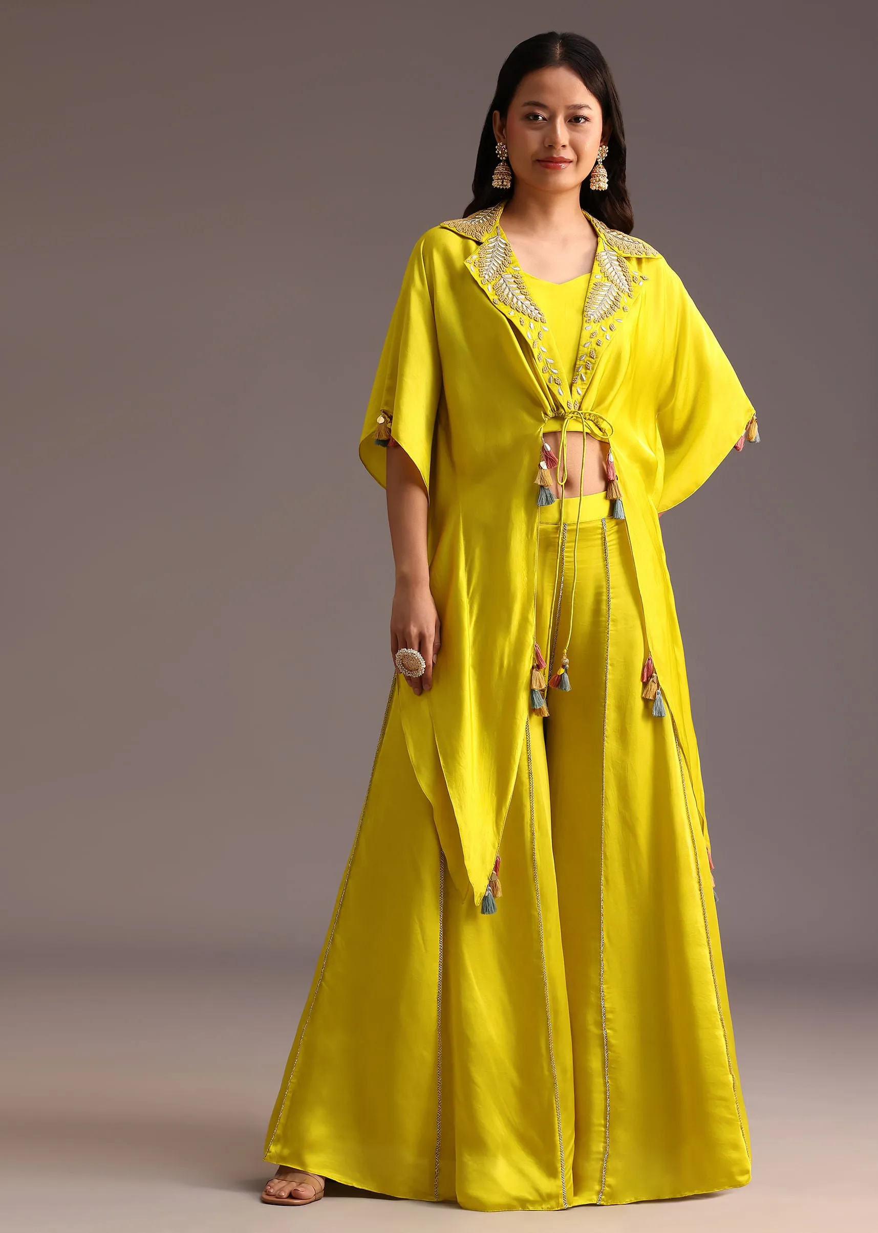 Lime Green Resham Work Palazzo Croptop Set With Jacket