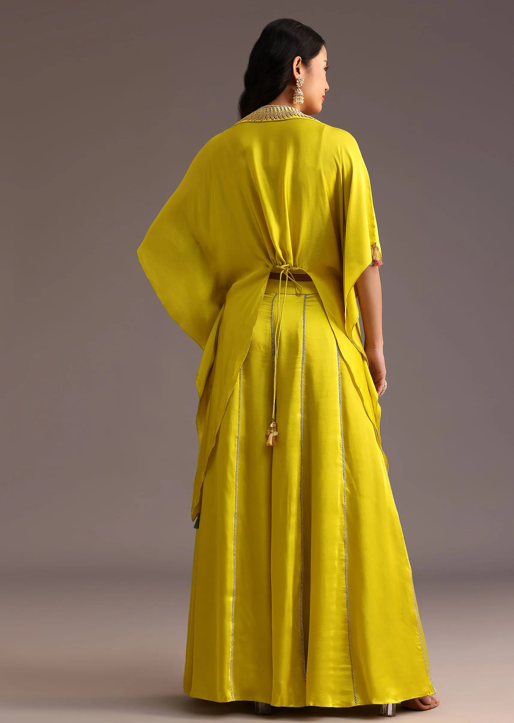 Lime Green Resham Work Palazzo Croptop Set With Jacket