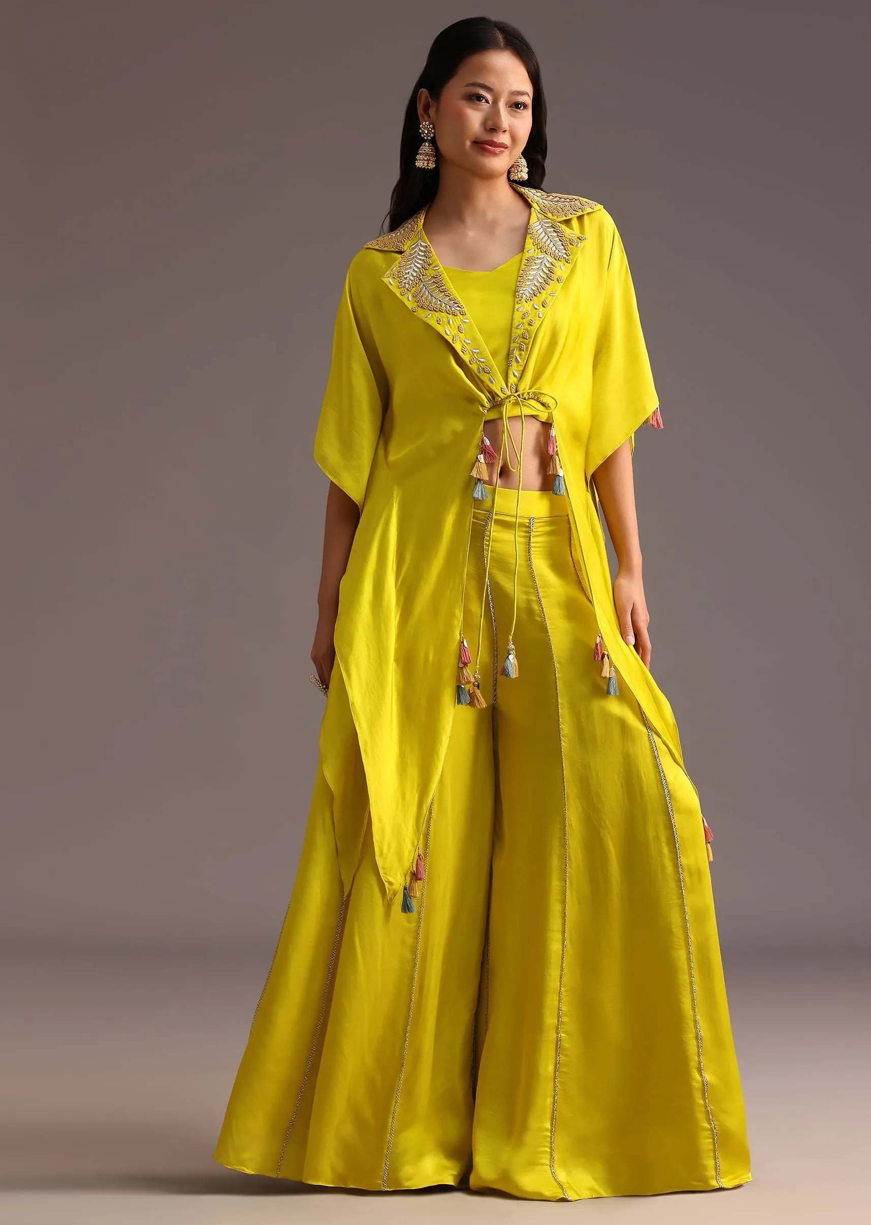 Lime Green Resham Work Palazzo Croptop Set With Jacket