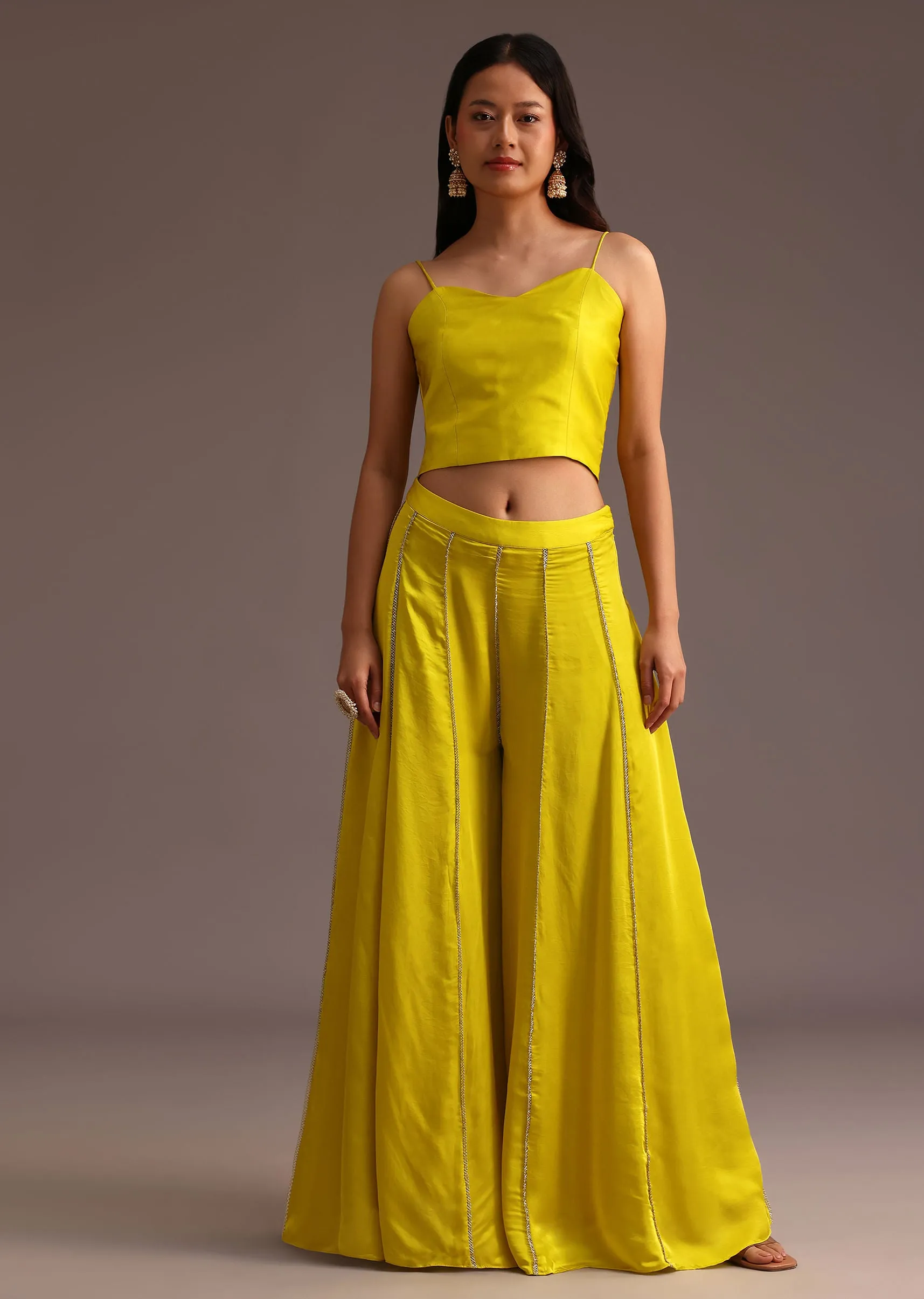 Lime Green Resham Work Palazzo Croptop Set With Jacket