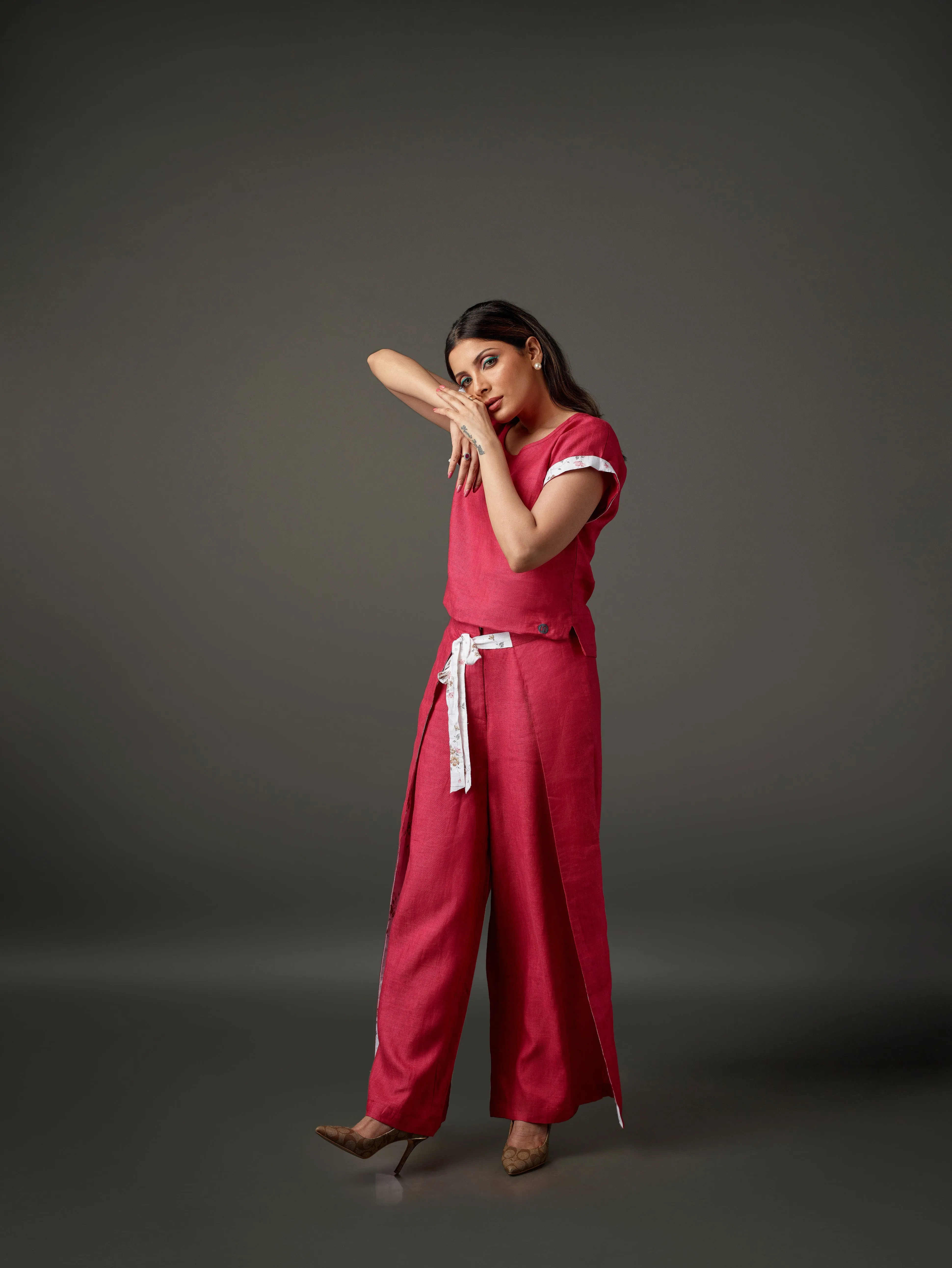 Linen Co-Ord Set of High Low Top & Flared Pant