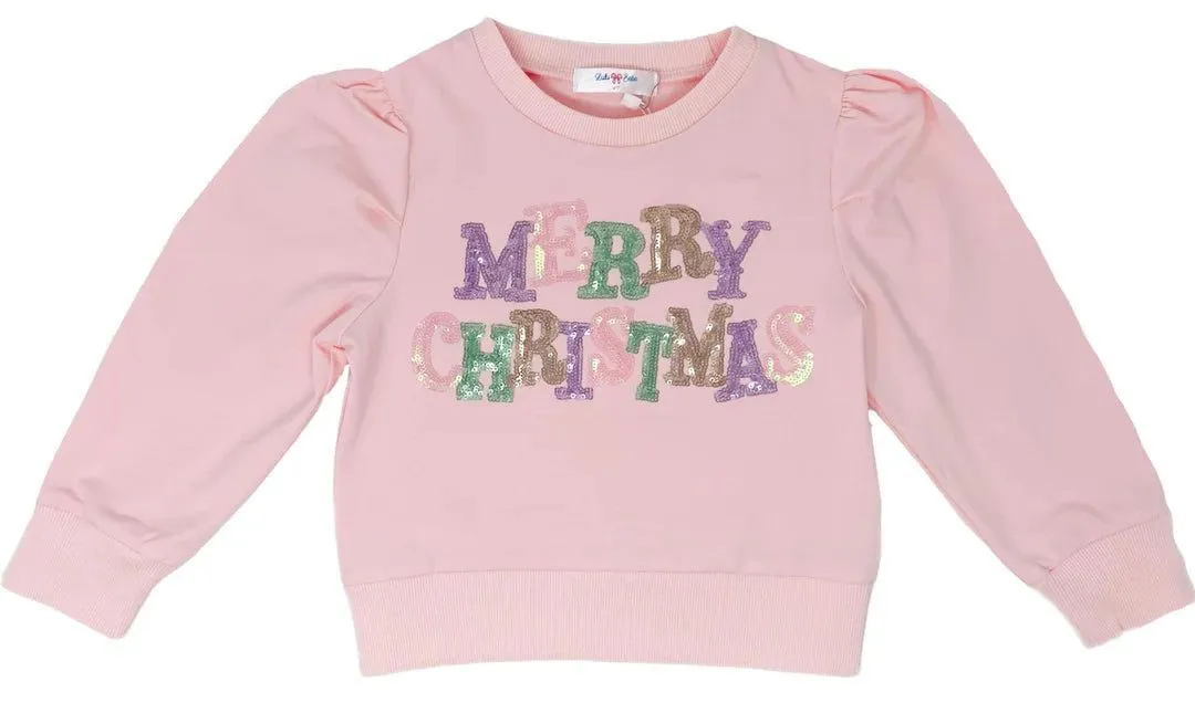 LuLu BeBe Girls Merry Christmas Pastel Sequins Puff Sleeve Top - Pink