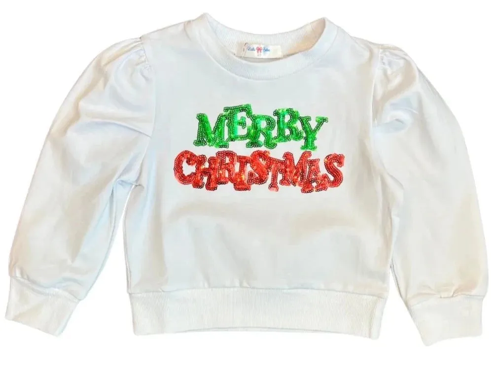 LuLu BeBe Girls Merry Christmas Sequins Puff Sleeve Top - White