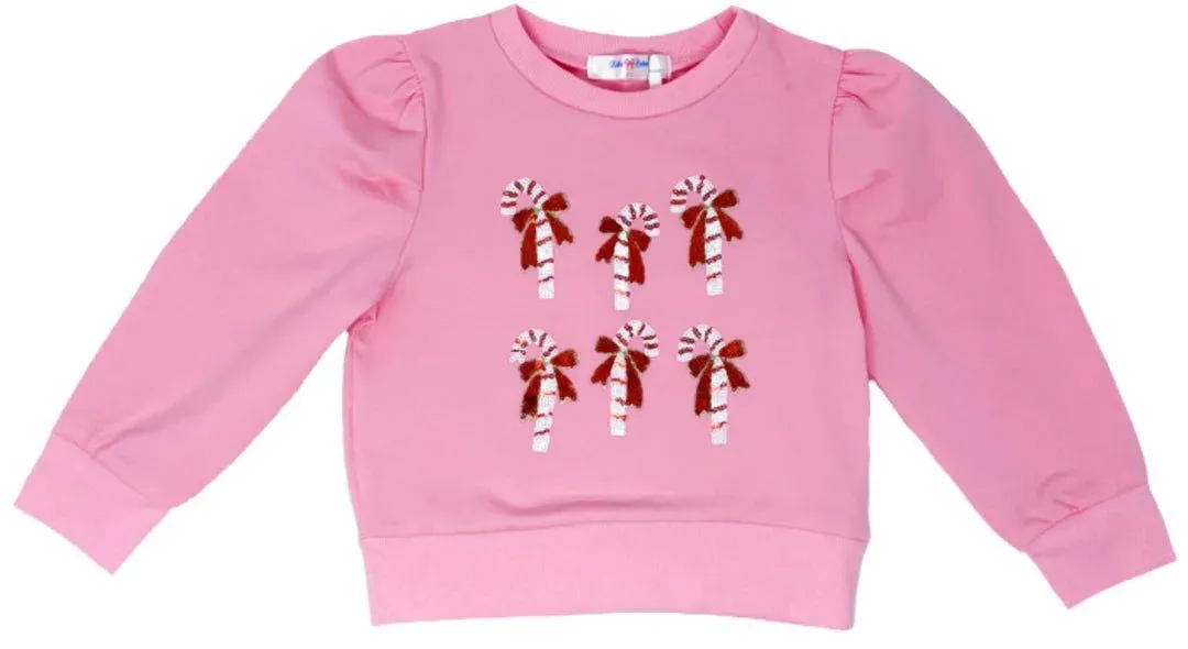 LuLu BeBe Girls Sequin Candy Canes Puff Sleeve Top - Pink