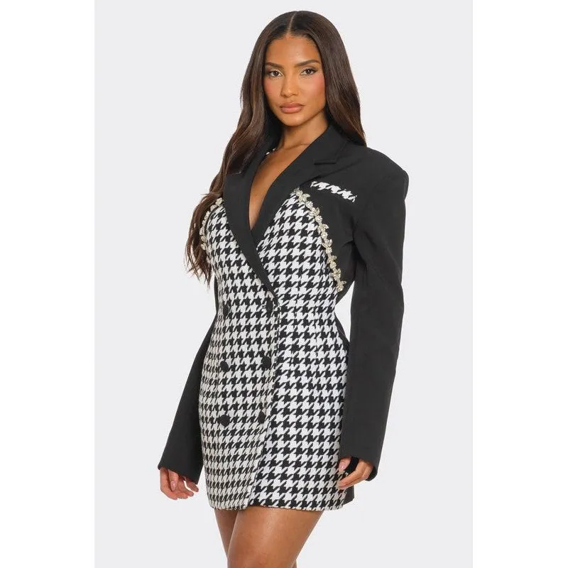Monochrome Glam Houndstooth Blazer Dress