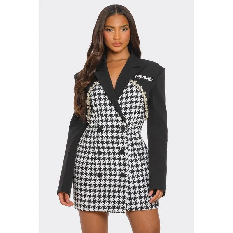 Monochrome Glam Houndstooth Blazer Dress