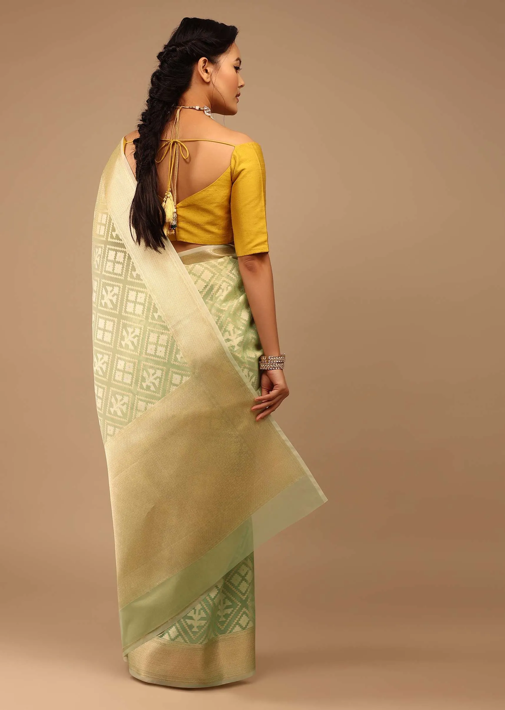 Moss Green In Handloom Cotton And Banarasi Chanderi Geometric Woven Pattern