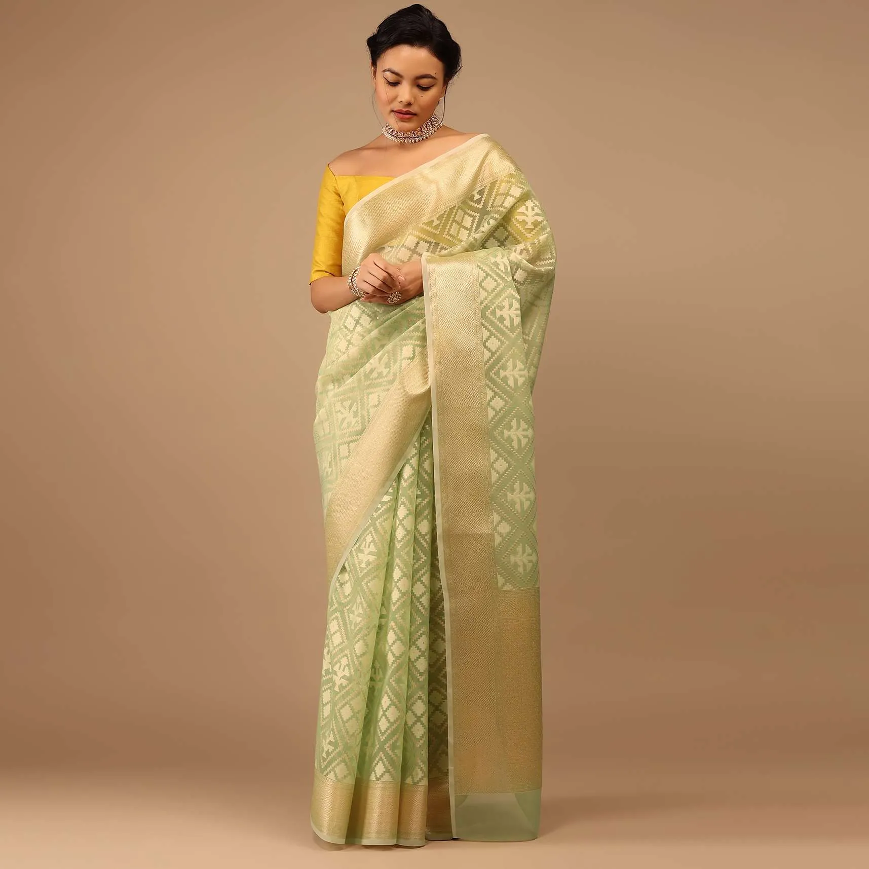 Moss Green In Handloom Cotton And Banarasi Chanderi Geometric Woven Pattern