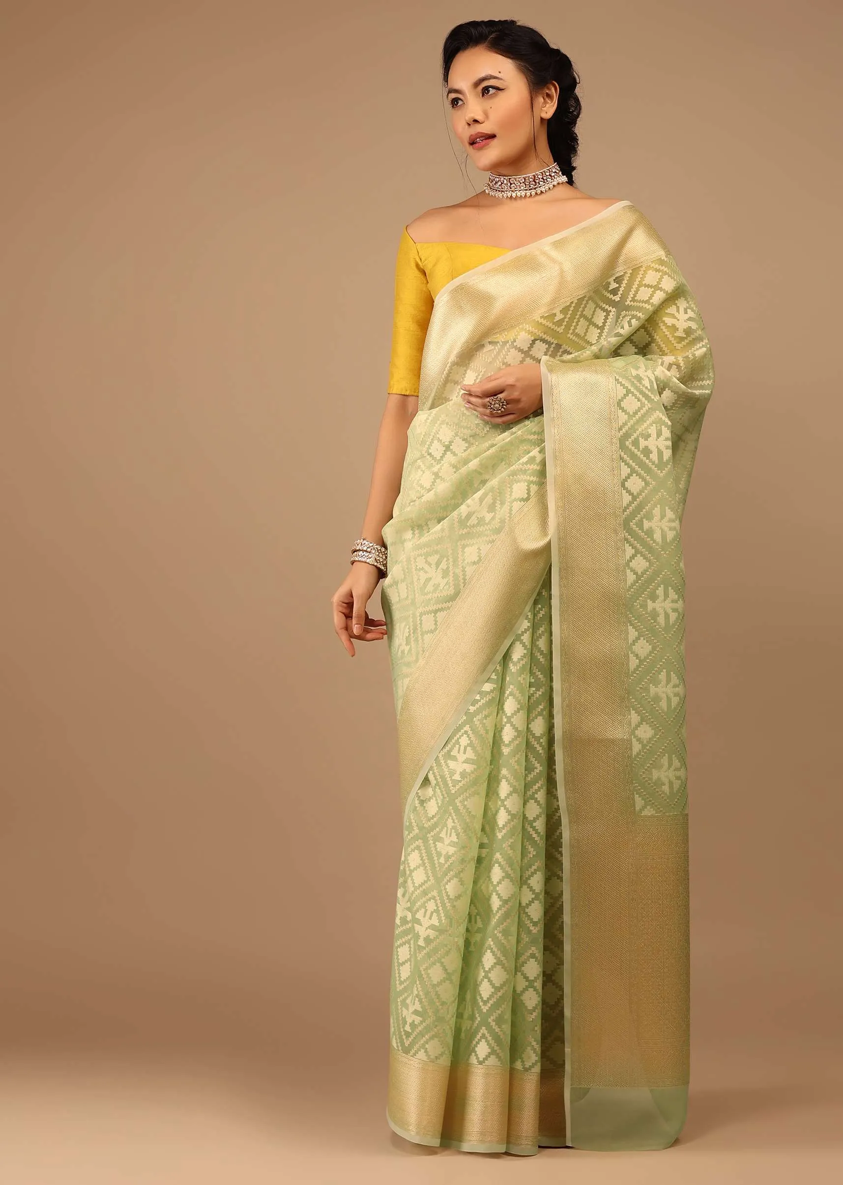 Moss Green In Handloom Cotton And Banarasi Chanderi Geometric Woven Pattern