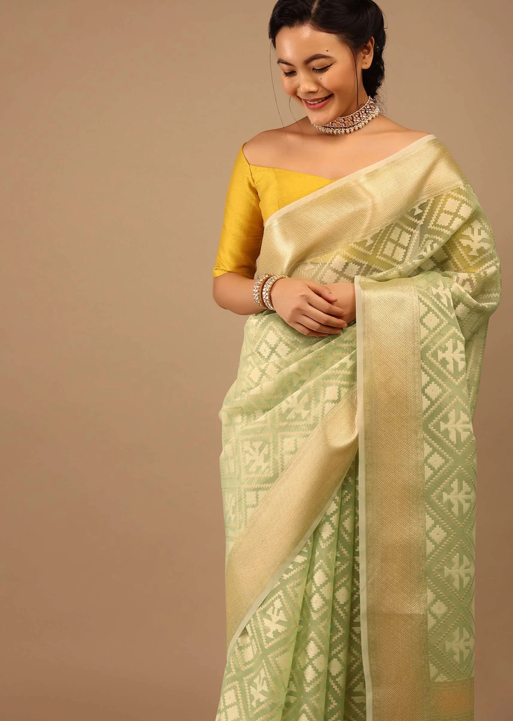 Moss Green In Handloom Cotton And Banarasi Chanderi Geometric Woven Pattern